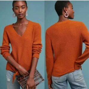 Anthropologie Moth Freeport Tie Front Sweater XS Rust Orange Ribbed V-Neck Knit